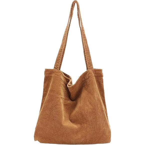 Corduroy Tote Bag for Women Girl Casual Work Canvas Shoulder Handbags Cute Brown - Picture 1 of 4